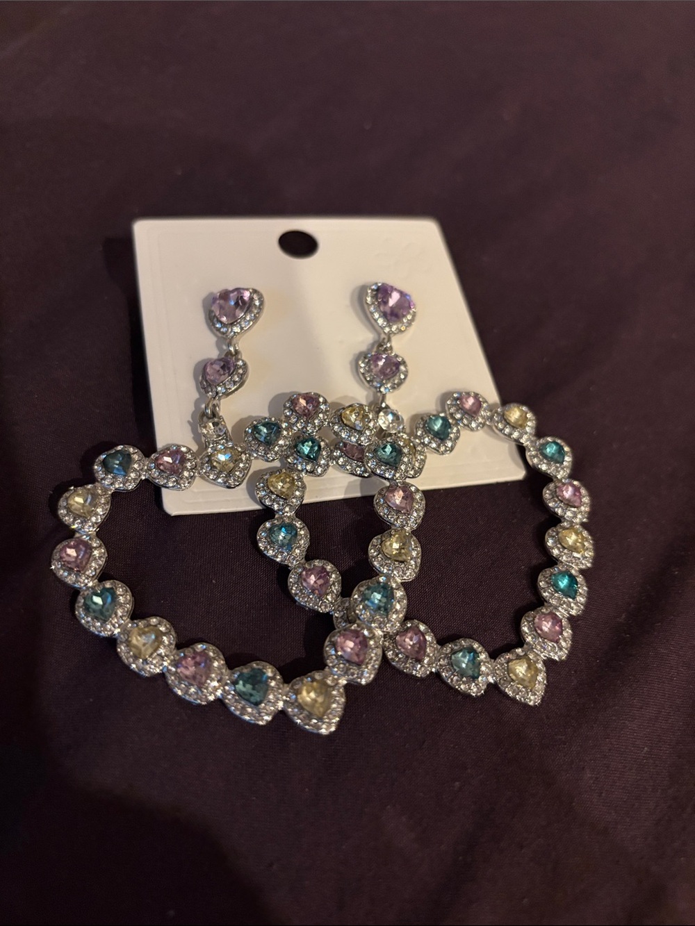 Pastel Heart Hoop Drop Earrings with Crystal Accents